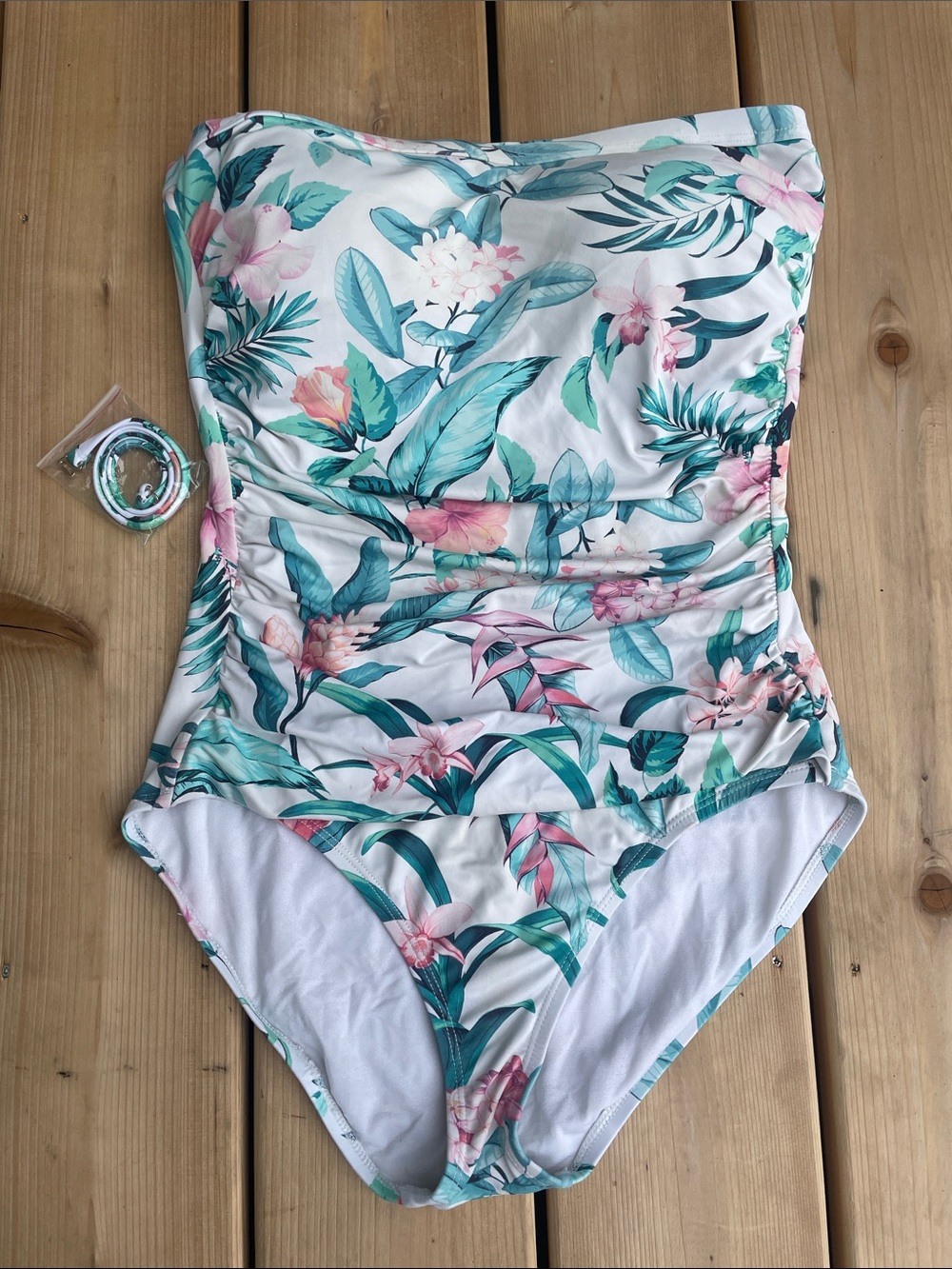 Tommy Bahama Strapless Tropical Floral One-Piece in White, Teal & Pink